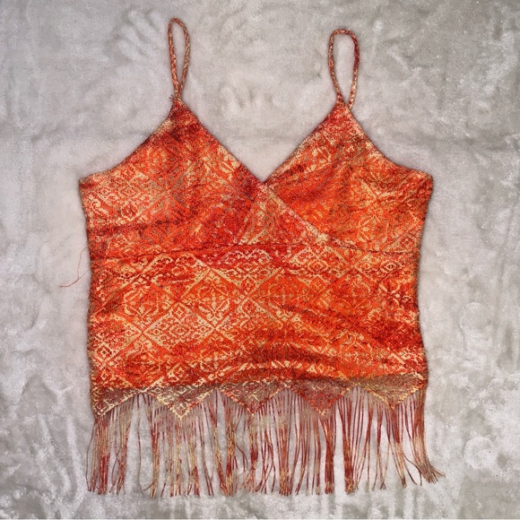 Vintage Y2K Evolution Orange Lace Fringe Tank Top Size Large - Picture 1 of 12